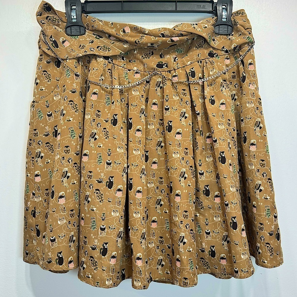 Owl Print Pleated Brown Mini Skirt w Pockets Removable Silver Chain Belt by Lily